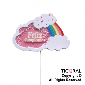 CAKE TOPPER FELIZ CUMPLEAOS ARCO IRIS CORAZONES ROSA  X 1